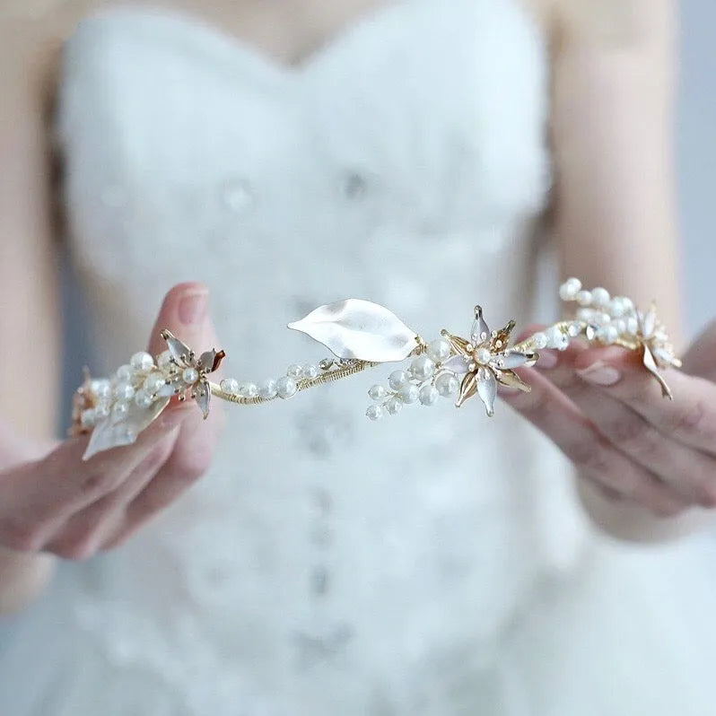 Gold Bridal Headband With Pearls & Crystals. Wedding Hair 