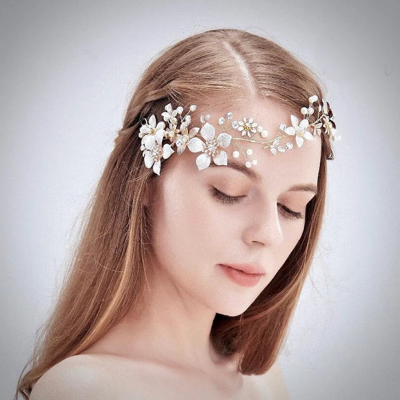 Wedding Headband Bridal Pearl Crystal Floral Hair Accessory Gold for Brides Floral Bridal Headband, Wedding Headband, Pearl Bridal  main image 2