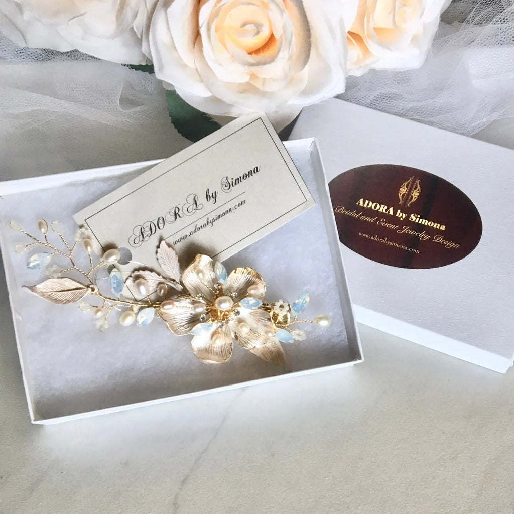 Wedding Hair Accessories - Gold Pearl and Opal Bridal Hair Clip