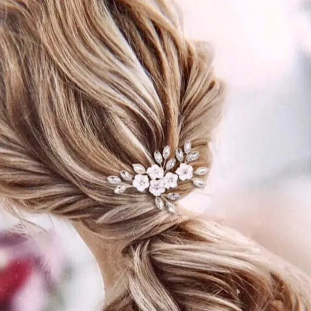Wedding Hair Accessories - Ceramic Flowers and Pearls Bridal Hair Pin