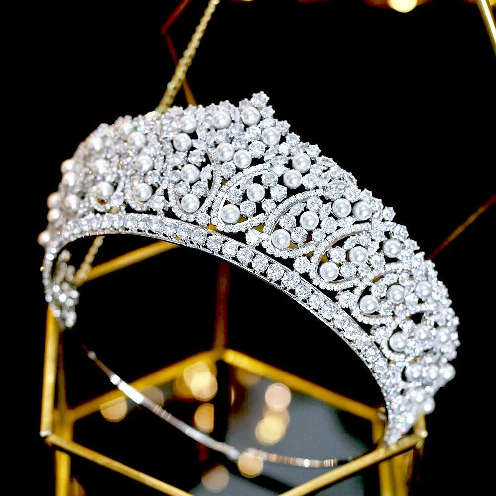 Wedding Hair Accessories - Silver Pearl and Cubic Zirconia Tiara