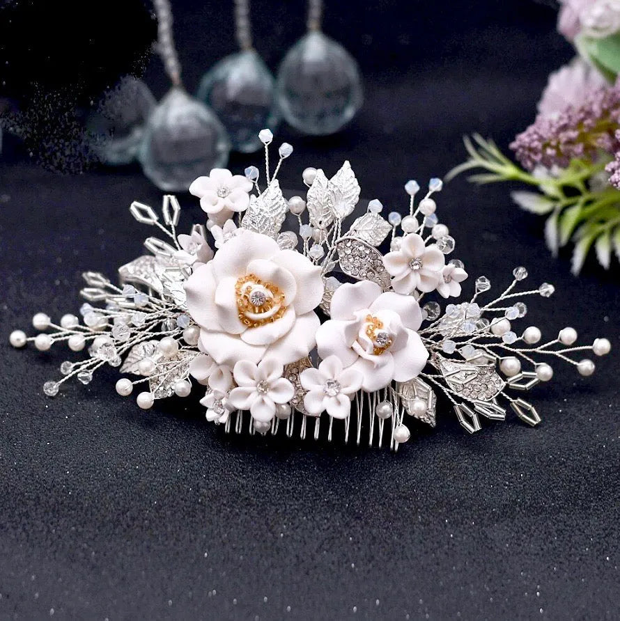 Hair Accessories Bride Brooch Silver Crystal & Pearl Floral Hair Comb Pearl Bridal Hair Comb, White Wedding Pearl Headpiece  main image 3
