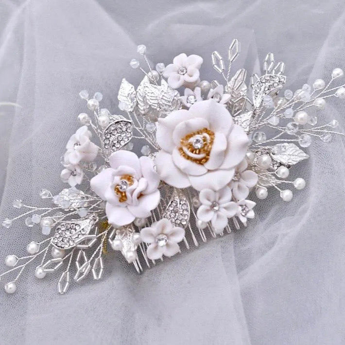 Wedding Hair Accessories - Ceramic Flower Bridal Hair Comb