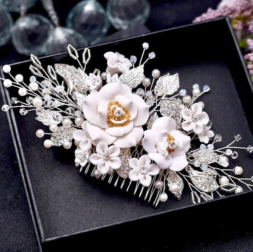Wedding Hair Accessories - Ceramic Flower Bridal Hair Comb