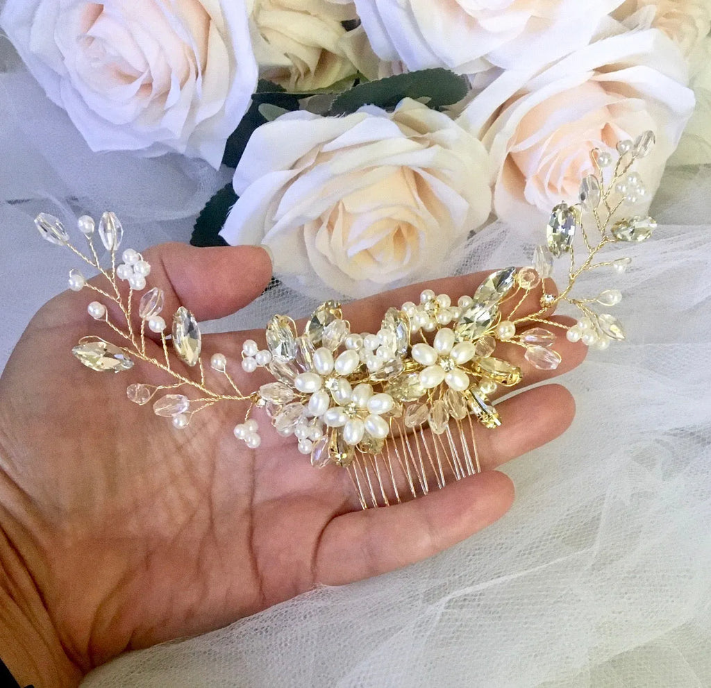 Wedding Hair Accessories - Pearl and Crystal Bridal Hair Comb - Available in Silver, Rose Gold and Yellow Gold