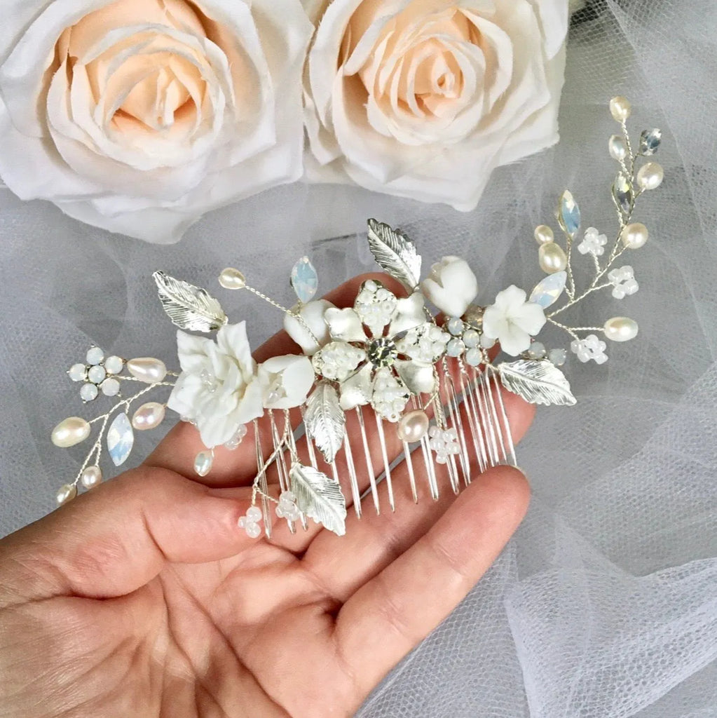 Wedding Hair Accessories -  Swarovski Pearl and Opal Bridal Hair Comb