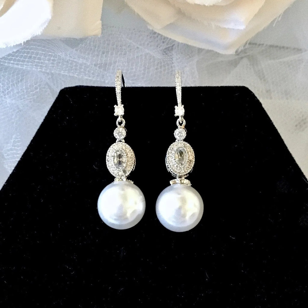 Wedding Pearl Jewelry - Pearl and Cubic Zirconia Bridal Earrings