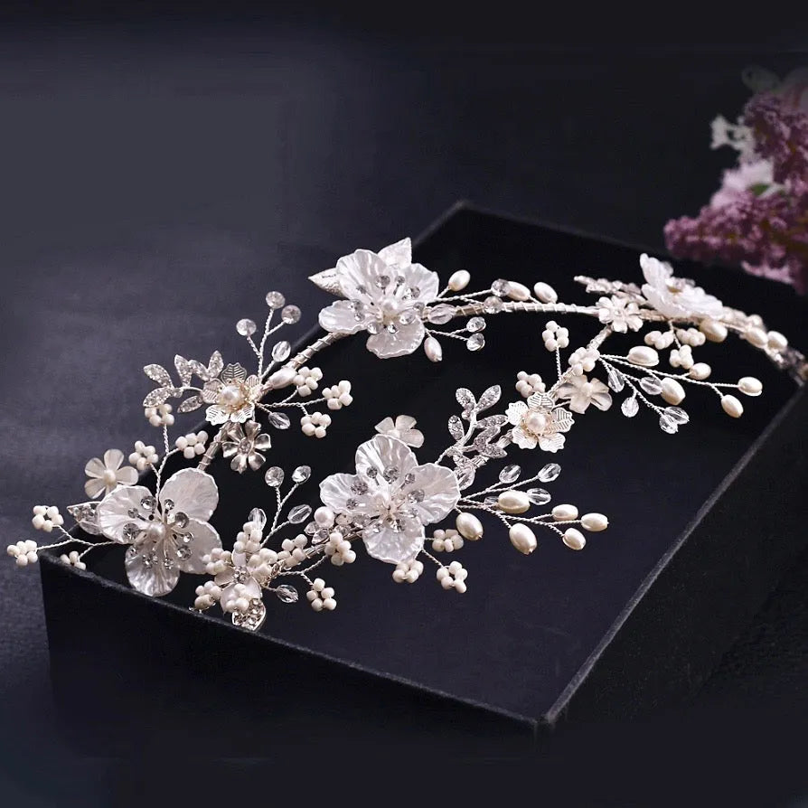 Wedding Hair Accessories - Silver Pearl and Crystal Bridal Headband/Vine