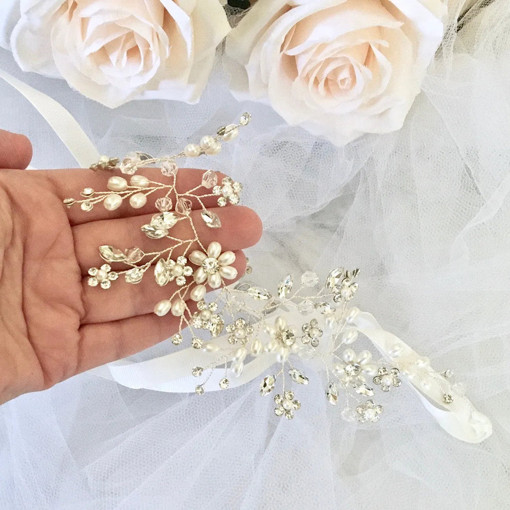 Wedding Hair Accessories - Silver Pearl and Crystal Bridal Headband / Hair Vine