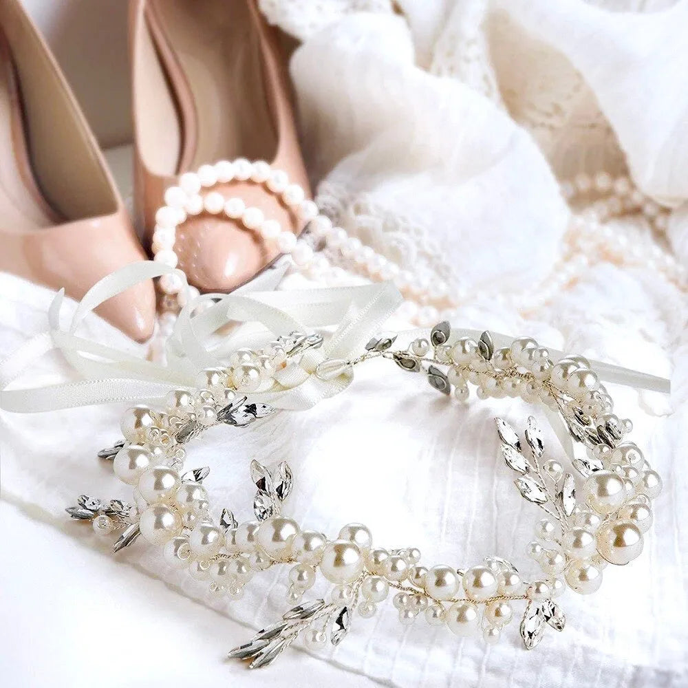 Wedding Hair Accessories - Silver Pearl and Crystal Bridal Headband/Vine