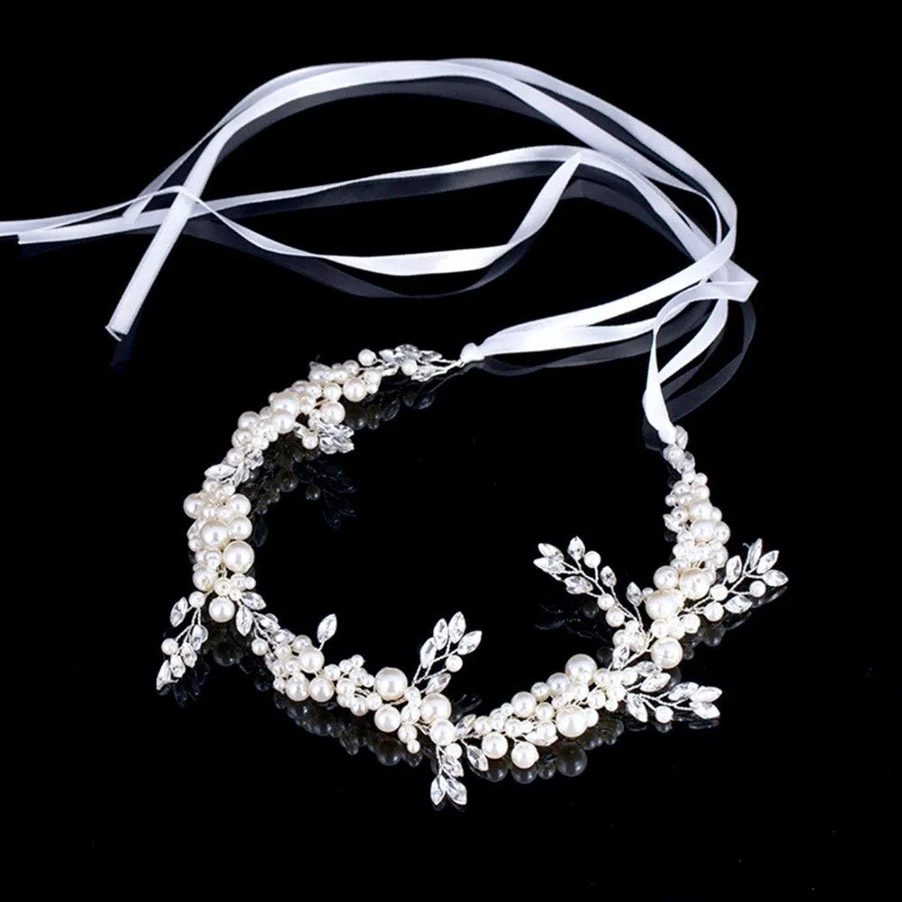 Wedding Hair Accessories - Silver Pearl and Crystal Bridal Headband/Vine