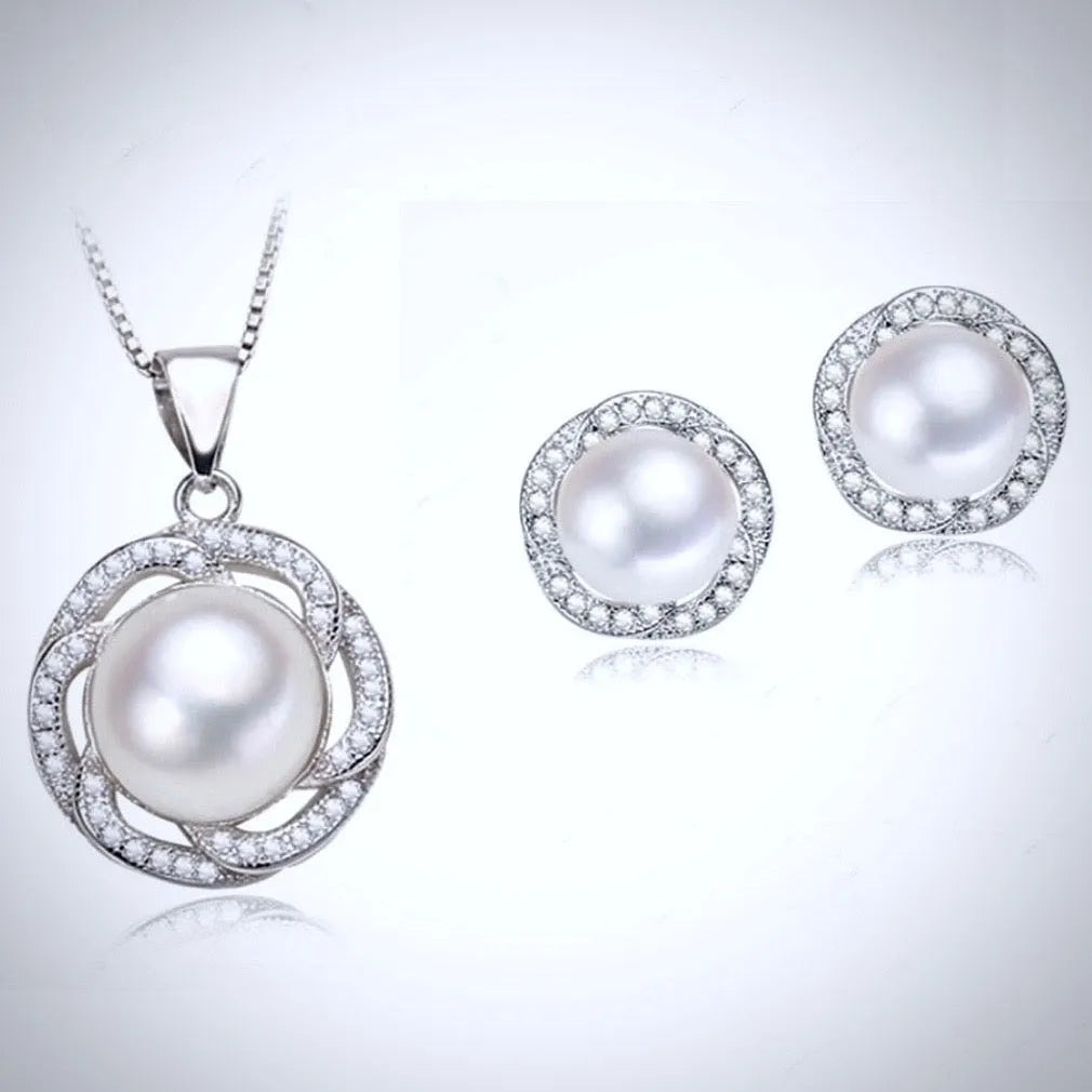 Pearl Wedding Jewelry - Sterling Silver Pearl and Cubic Zirconia Bridal Jewelry Set