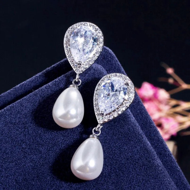 Wedding Jewelry - Pearl and Cubic Zirconia Bridal Necklace and Earrings Set - Available in Silver, Rose Gold and Yellow Gold 