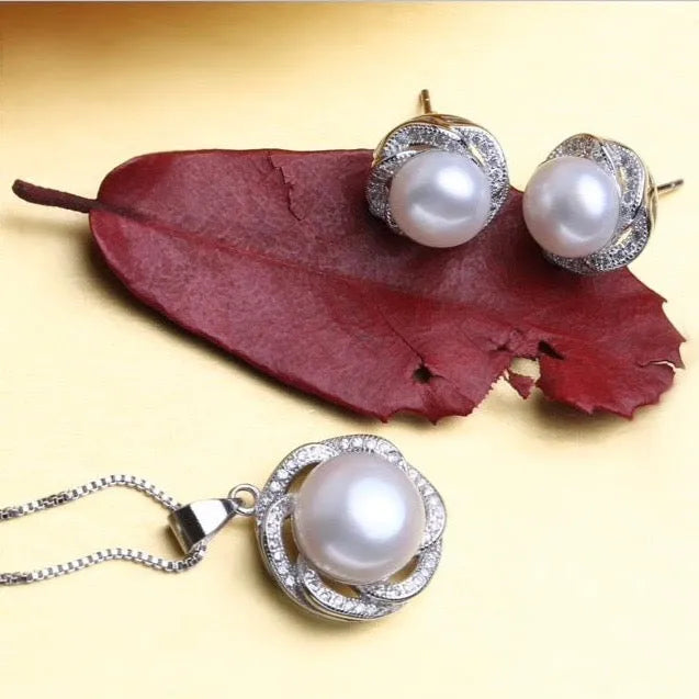 Pearl Wedding Jewelry - Sterling Silver Pearl and Cubic Zirconia Bridal Jewelry Set