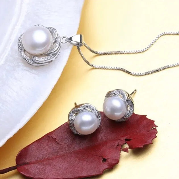 Pearl Wedding Jewelry - Sterling Silver Pearl and Cubic Zirconia Bridal Jewelry Set