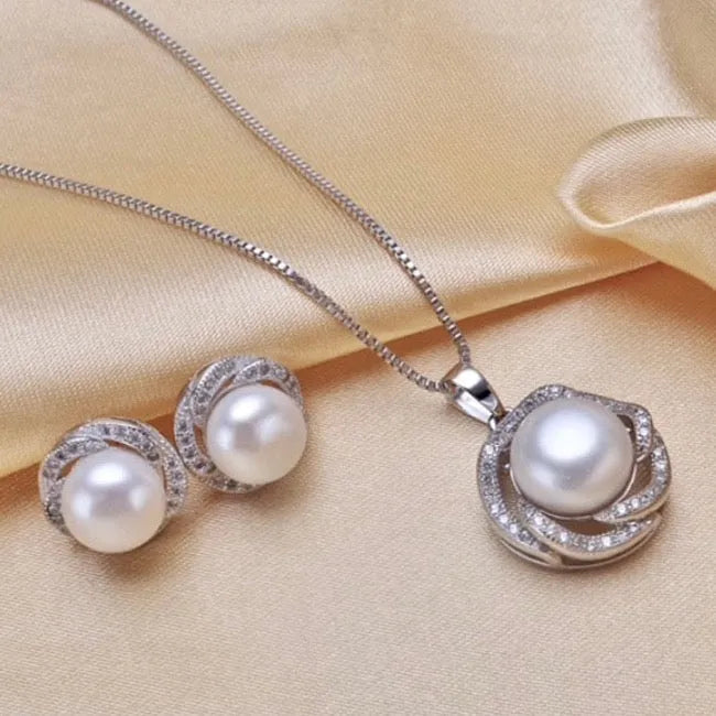 Pearl Wedding Jewelry - Sterling Silver Pearl and Cubic Zirconia Bridal Jewelry Set