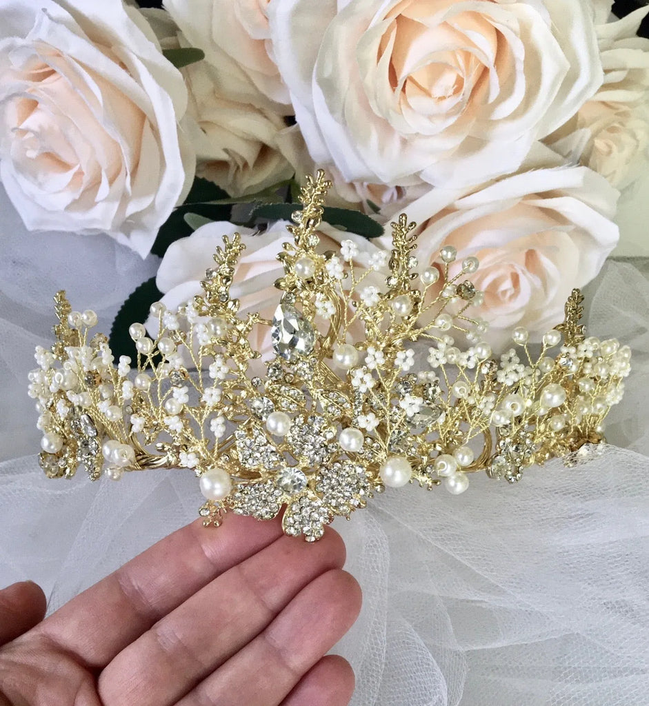 Wedding Hair Accessories -  Pearl and Crystal Bridal Tiara - Available in Yellow Gold and Silver