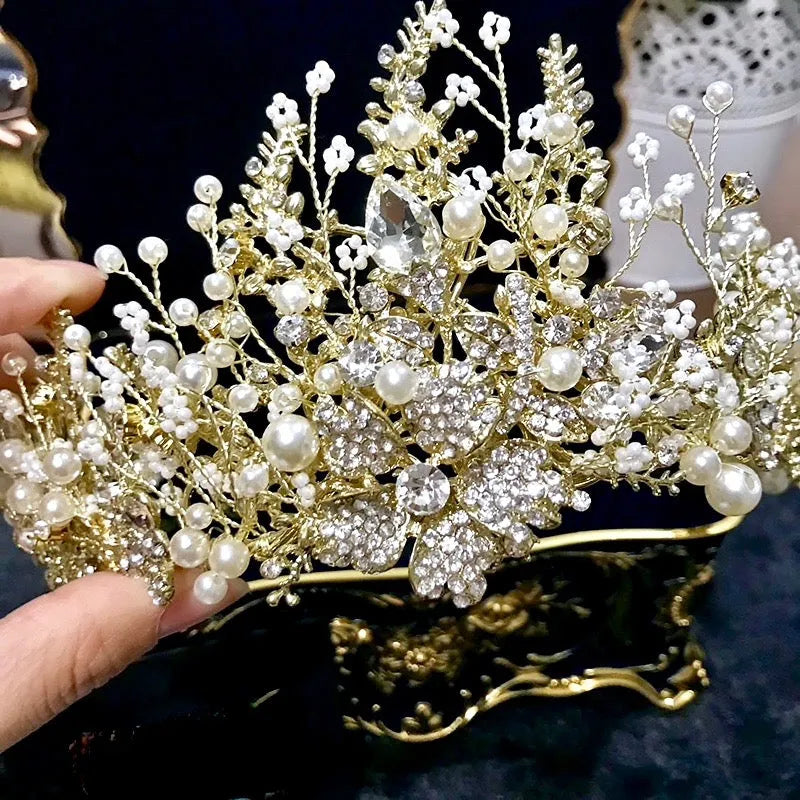 Wedding Hair Accessories -  Pearl and Crystal Bridal Tiara - Available in Yellow Gold and Silver