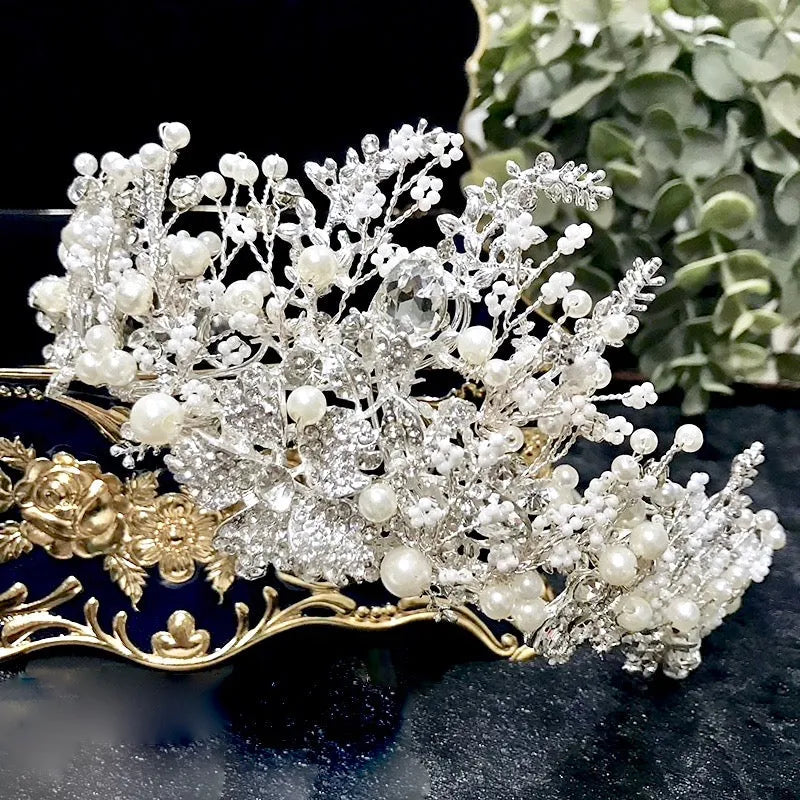 Wedding Hair Accessories -  Pearl and Crystal Bridal Tiara - Available in Yellow Gold and Silver