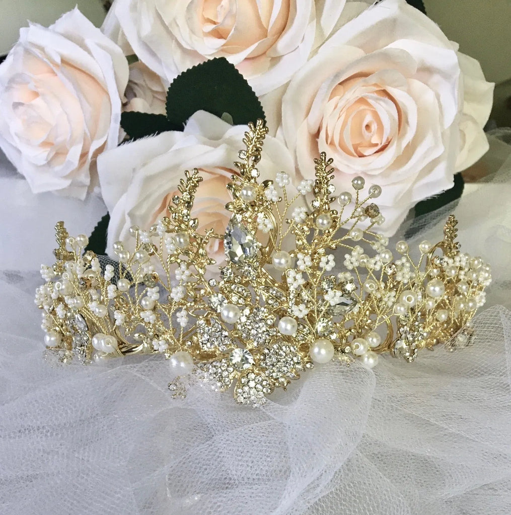 Wedding Hair Accessories -  Pearl and Crystal Bridal Tiara - Available in Yellow Gold and Silver