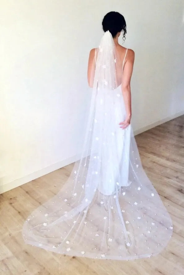 Wedding Veils - Pearl and 3D Flowers Bridal Veil - Cathedral Length