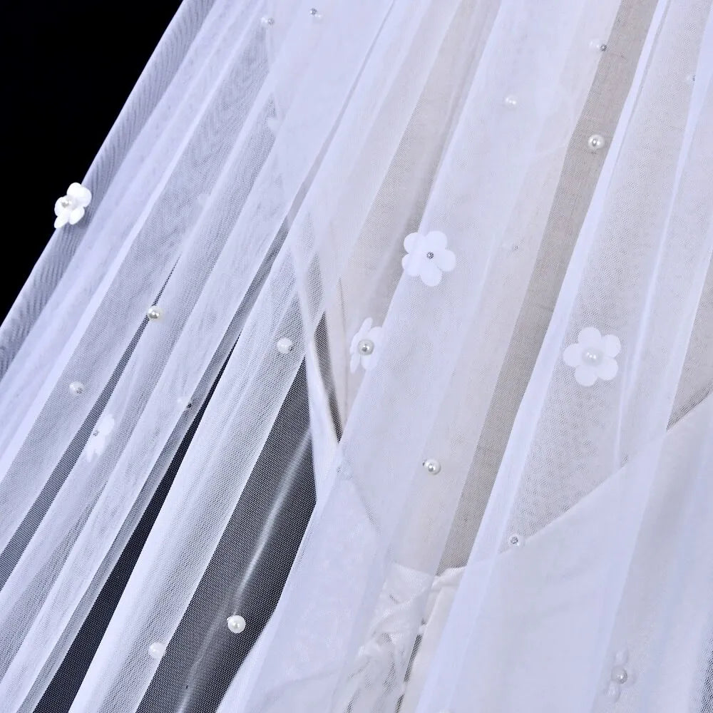 Wedding Veils - Pearl and 3D Flowers Bridal Veil - Cathedral Length