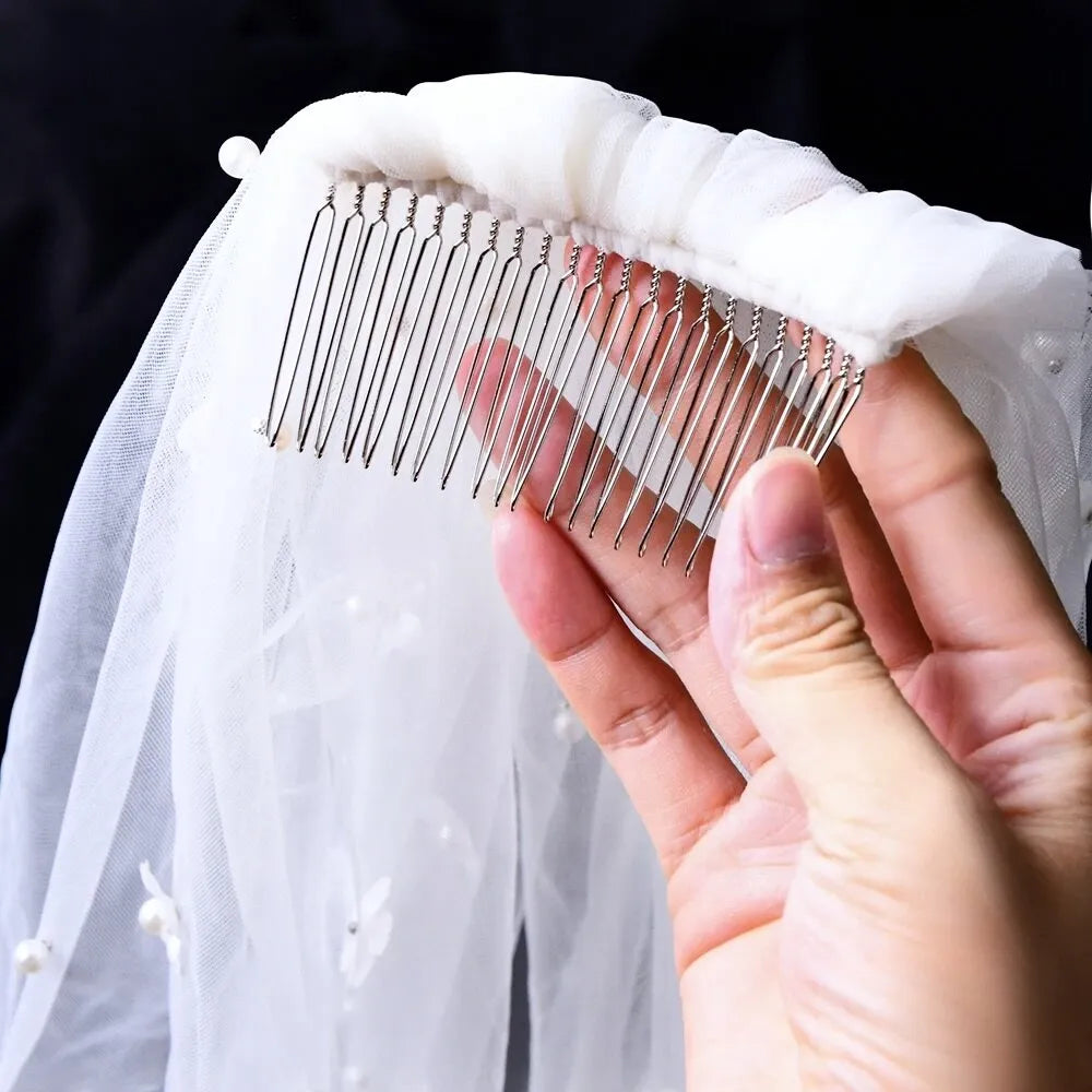 Wedding Veils - Pearl and 3D Flowers Bridal Veil - Cathedral Length