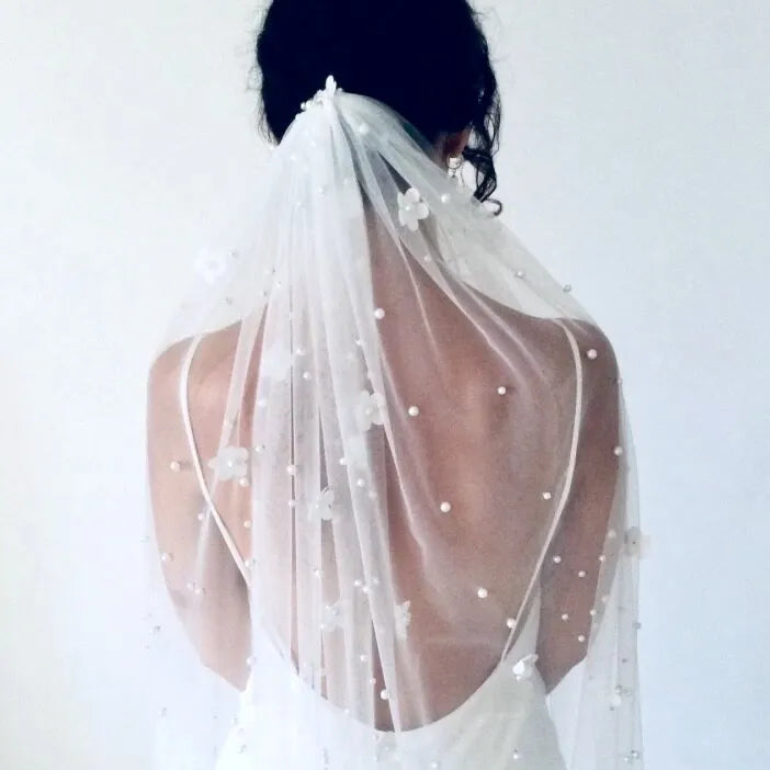Wedding Veils - Pearl and 3D Flowers Bridal Veil - Cathedral Length