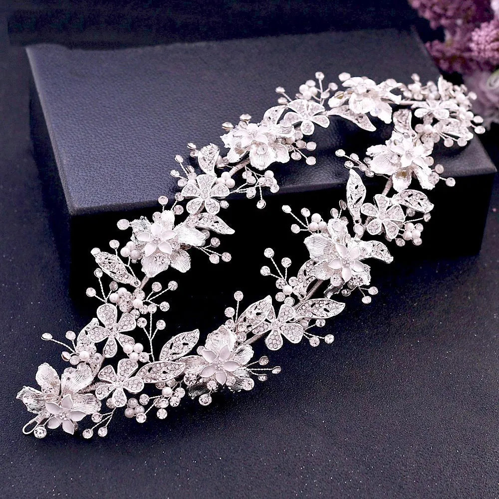 Wedding Hair Accessories - Silver Pearl and Crystal Bridal Double Headband/Vine