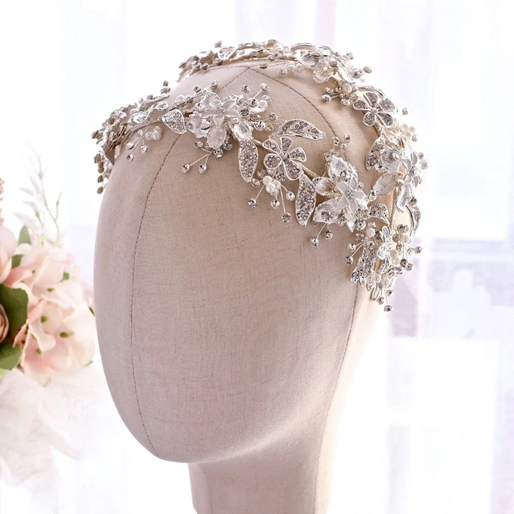 Wedding Hair Accessories - Silver Pearl and Crystal Bridal Double Headband/Vine