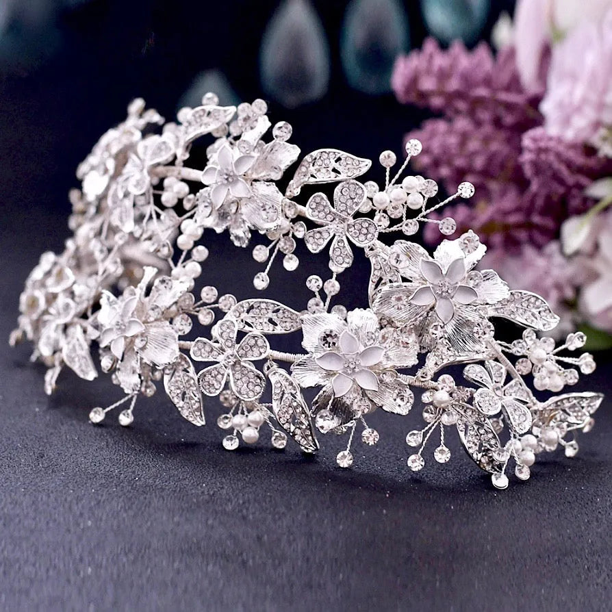 Wedding Hair Accessories - Silver Pearl and Crystal Bridal Double Headband/Vine