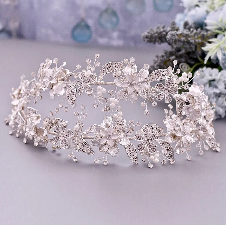 Wedding Hair Accessories - Silver Pearl and Crystal Bridal Double Headband/Vine