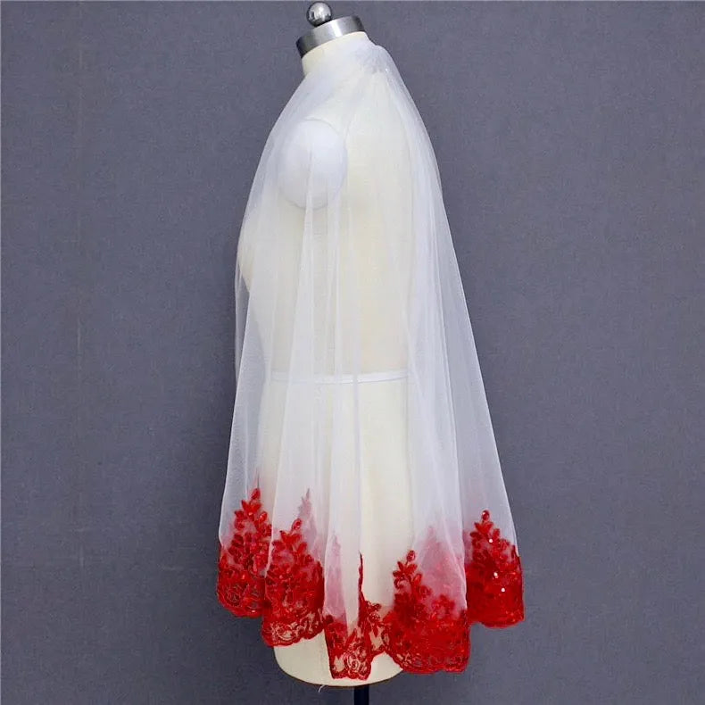 Wedding Veils - Red Lace Fingertip Length Bridal Veil