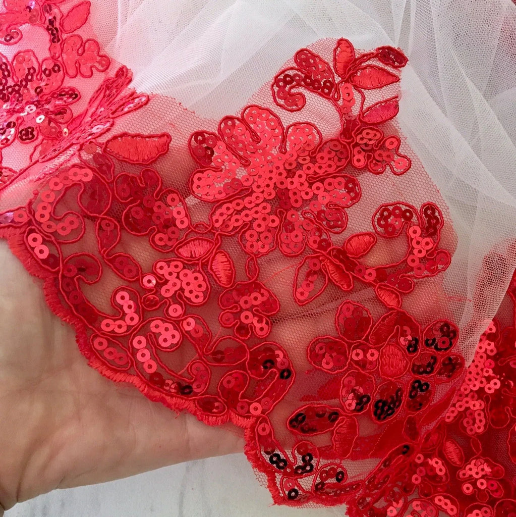 Wedding Veils - Red Lace Fingertip Length Bridal Veil
