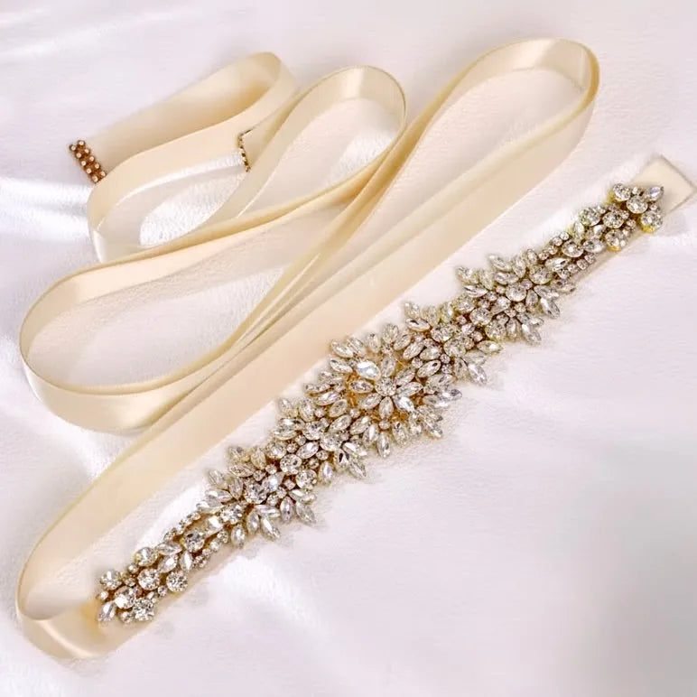 gold wedding dress belt Gold Crystal Bridal Belt on Champagne Satin Ribbon
