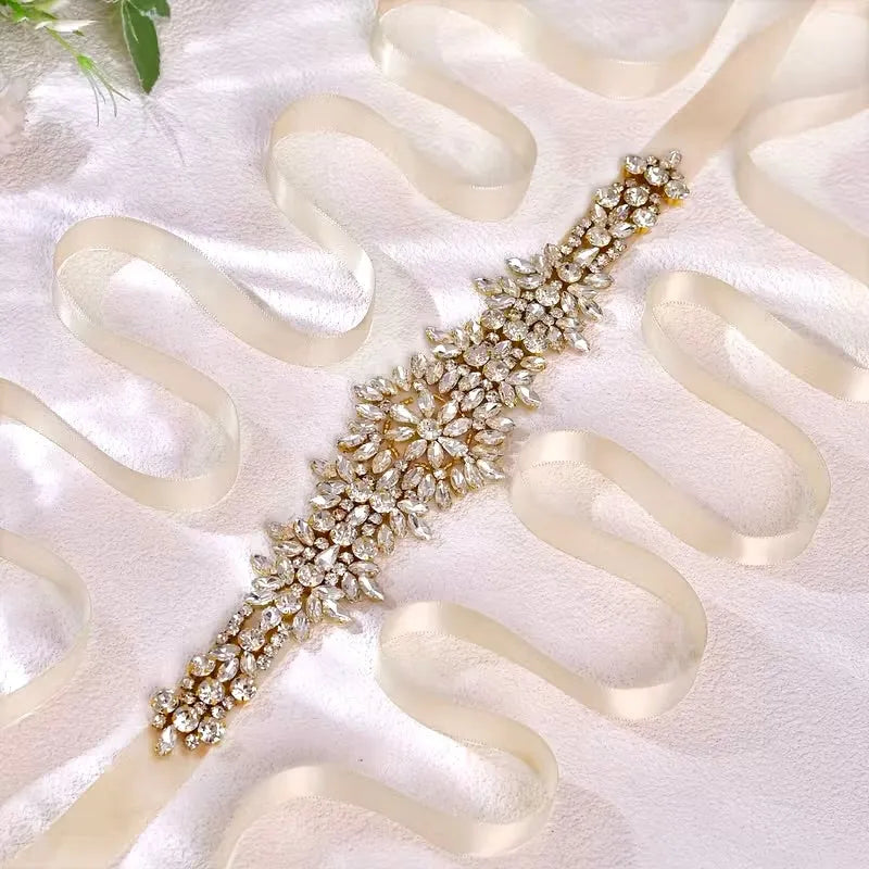 gold ribbon belt for dress Crystal Bridal on Champagne Satin | Wedding Accessories color_family:Blue