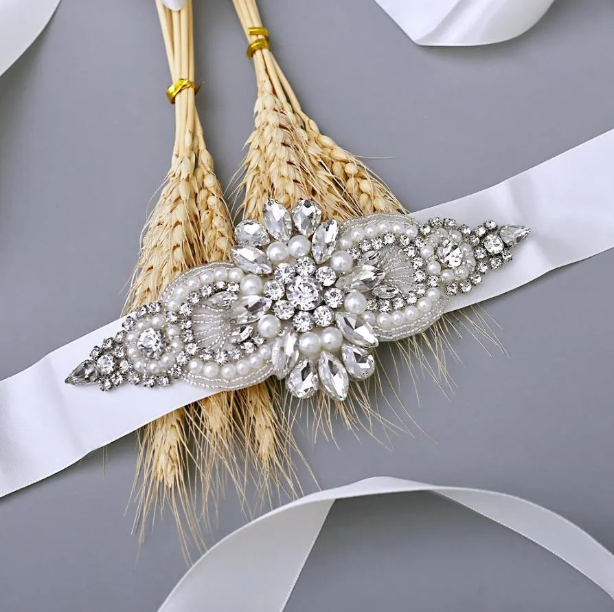 Wedding Accessories - Pearl and Crystal Bridal Belt/Sash - Available in Silver and Rose Gold