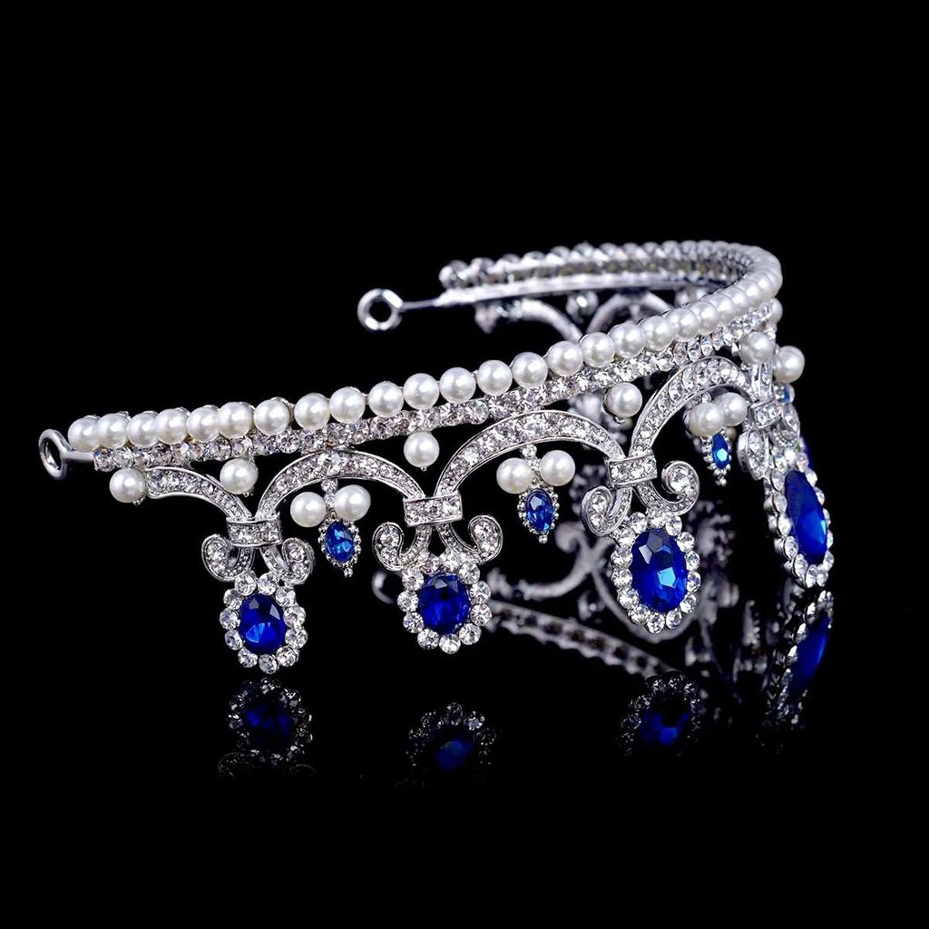 Wedding Hair Accessories - Blue Crystal and Pearl Bridal Tiara