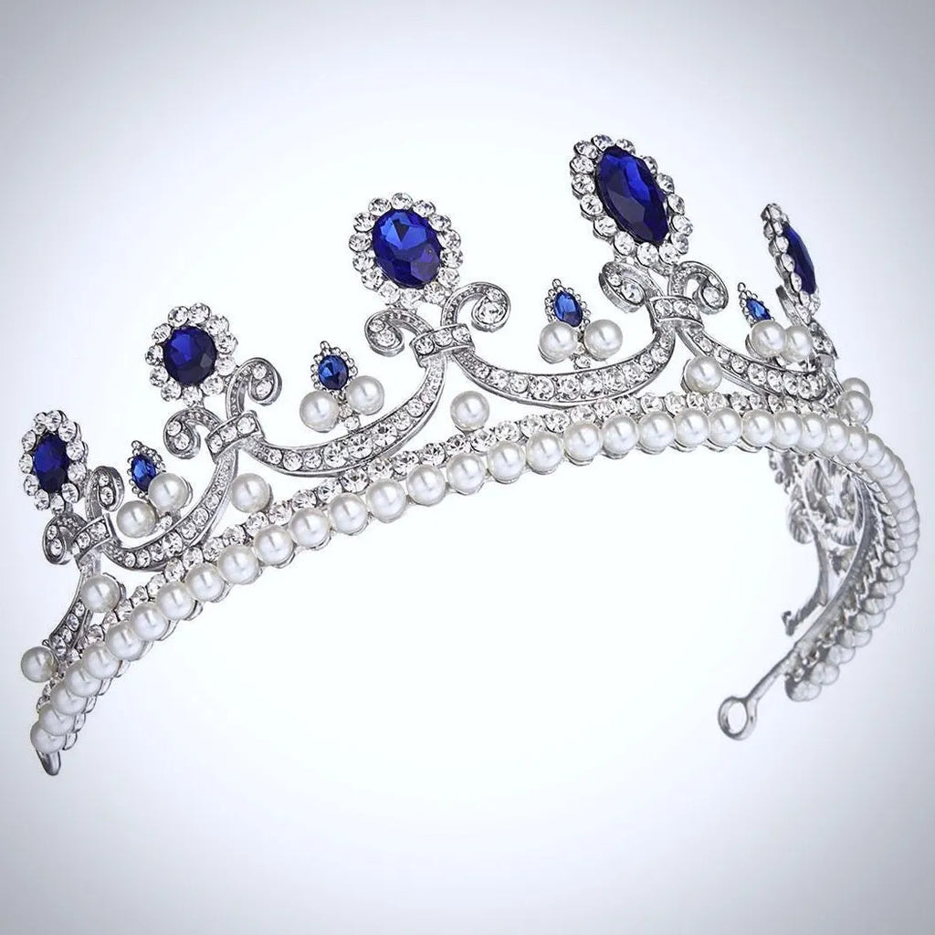 Wedding Hair Accessories - Blue Crystal and Pearl Bridal Tiara