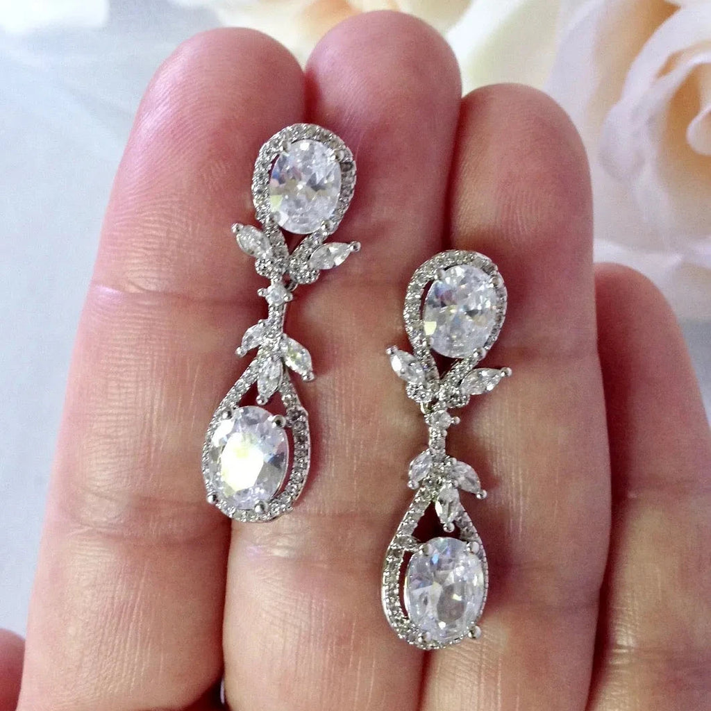 Wedding Jewelry - Silver Cubic Zirconia Bridal Earrings