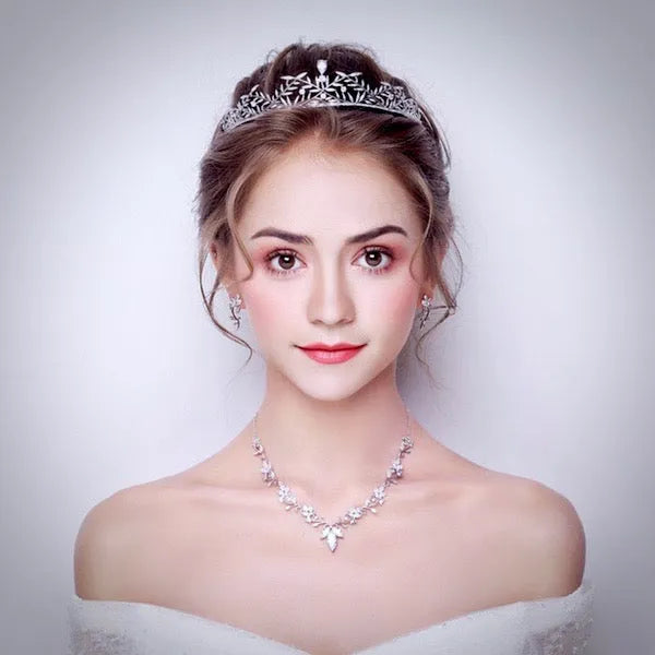 Wedding Jewelry and Accessories - Silver Cubic Zirconia Bridal 3-Piece Jewelry Set With Tiara