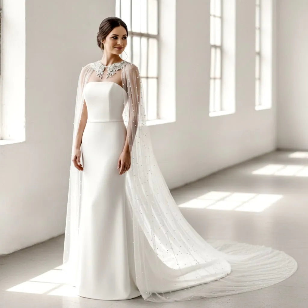 Wedding Cape Veil Cathedral Length – Cape Veil with Pearls and Crystals