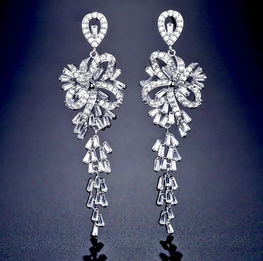 Wedding Jewelry  - Silver Cubic Zirconia Bridal Earrings
