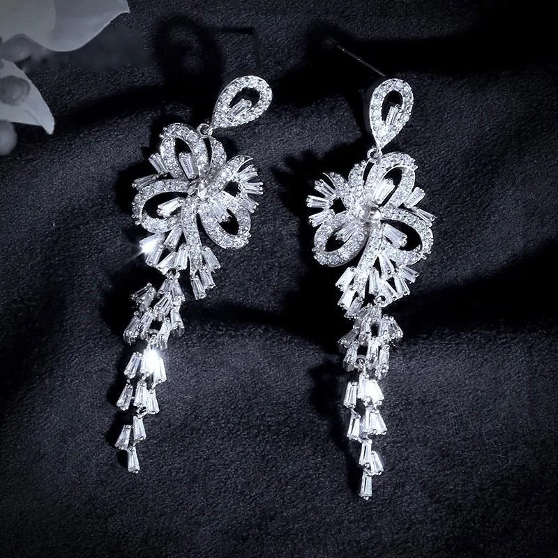 Wedding Jewelry  - Silver Cubic Zirconia Bridal Earrings
