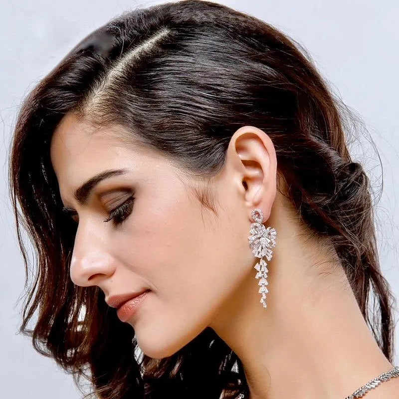 Wedding Jewelry  - Silver Cubic Zirconia Bridal Earrings