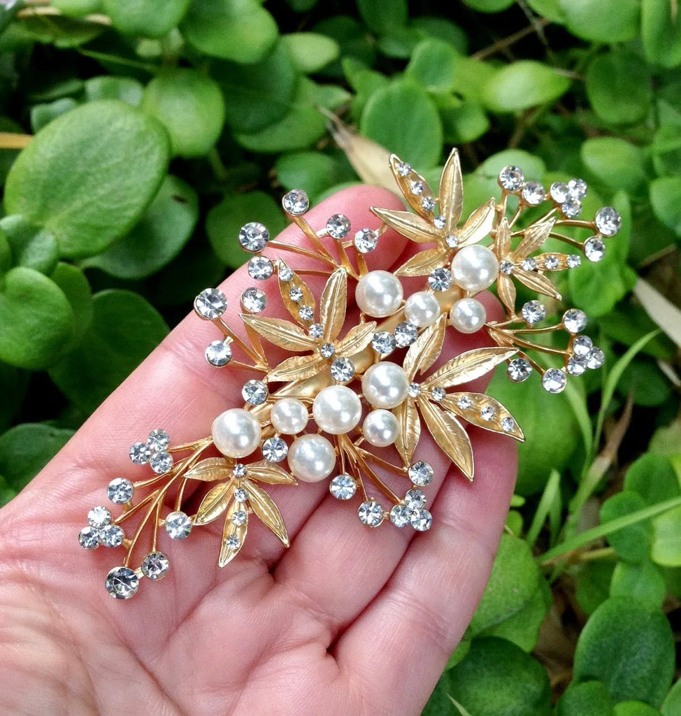 Wedding Hair Accessories - Gold Pearl and Crystal Bridal Hair Clip