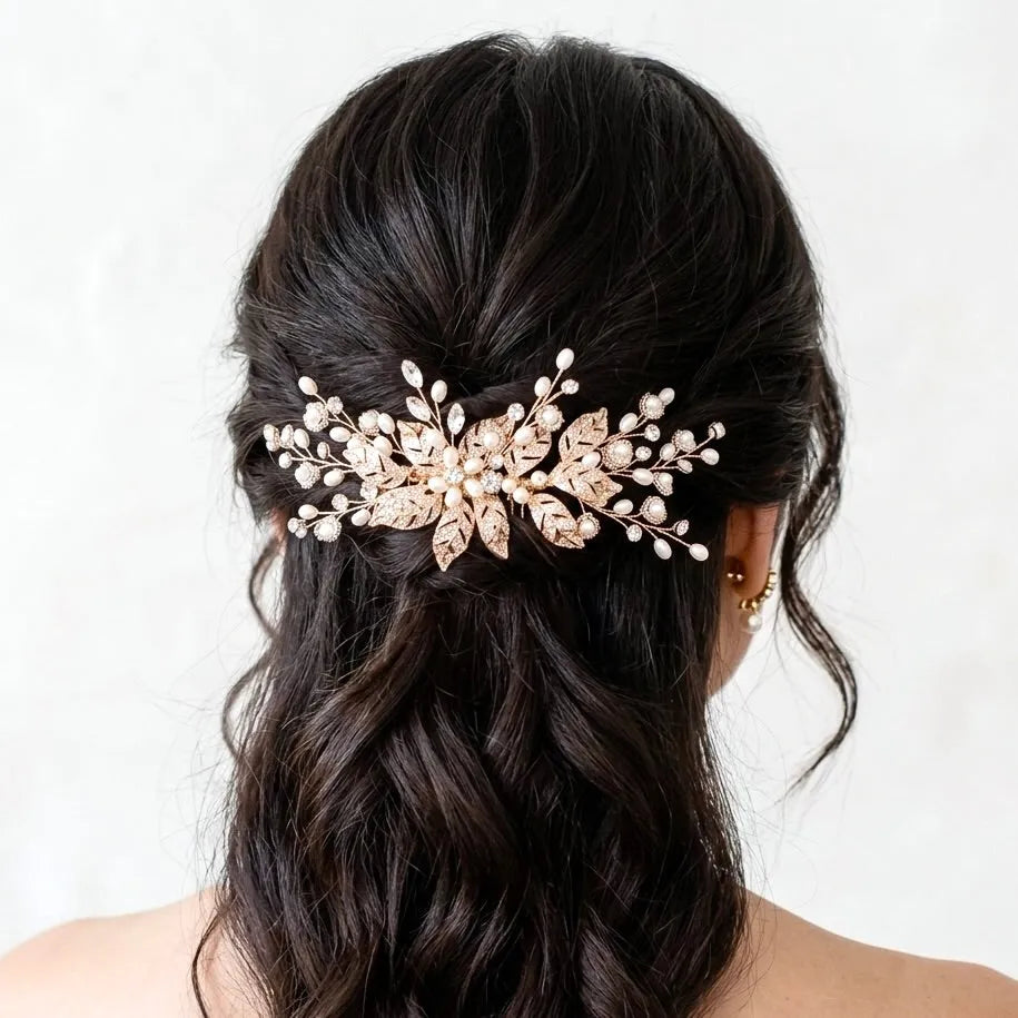 Elegant Pearl and Crystal Bridal Hair Comb - Silver, Gold  display picture 3