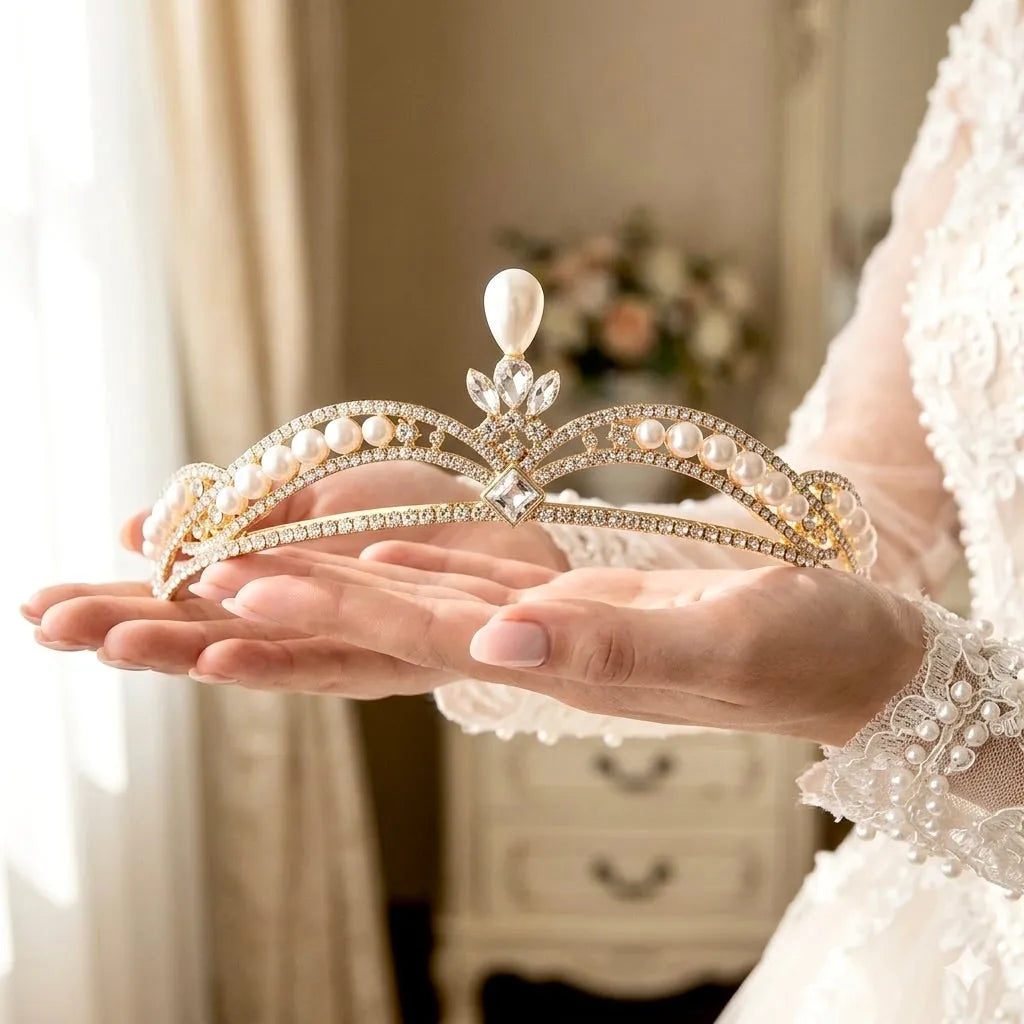 Delicate Pearl and Crystal Bridal Tiara – Silver & Gold  display picture 1