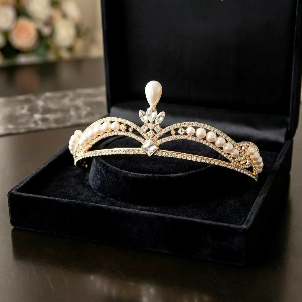 Delicate Pearl and Crystal Bridal Tiara – Silver & Gold Wedding
