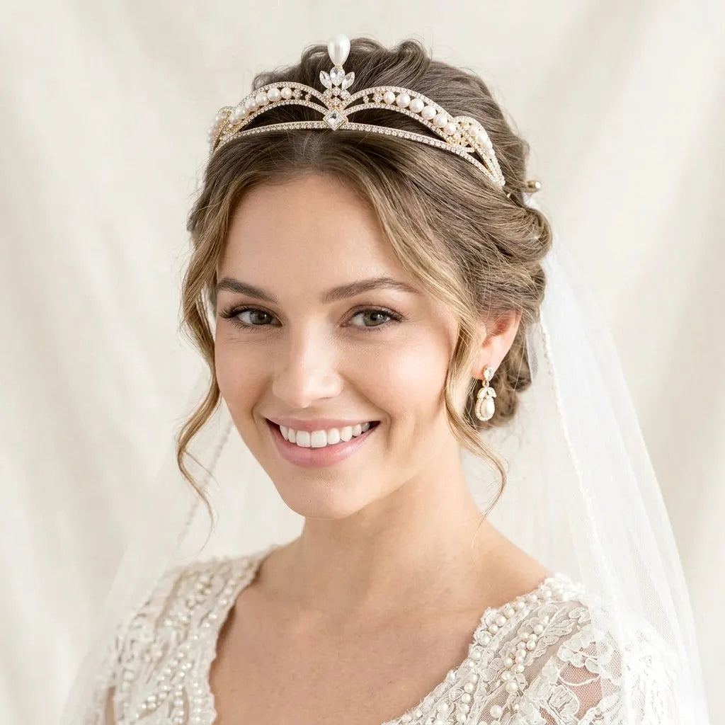Delicate Pearl and Crystal Bridal Tiara – Silver & Gold Wedding